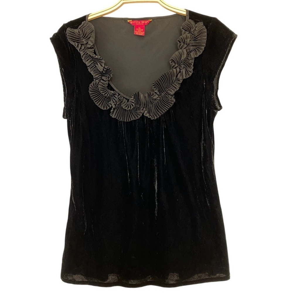 Sunny Leigh Black Velvet Blouse Y2K with Ruffled Neckline